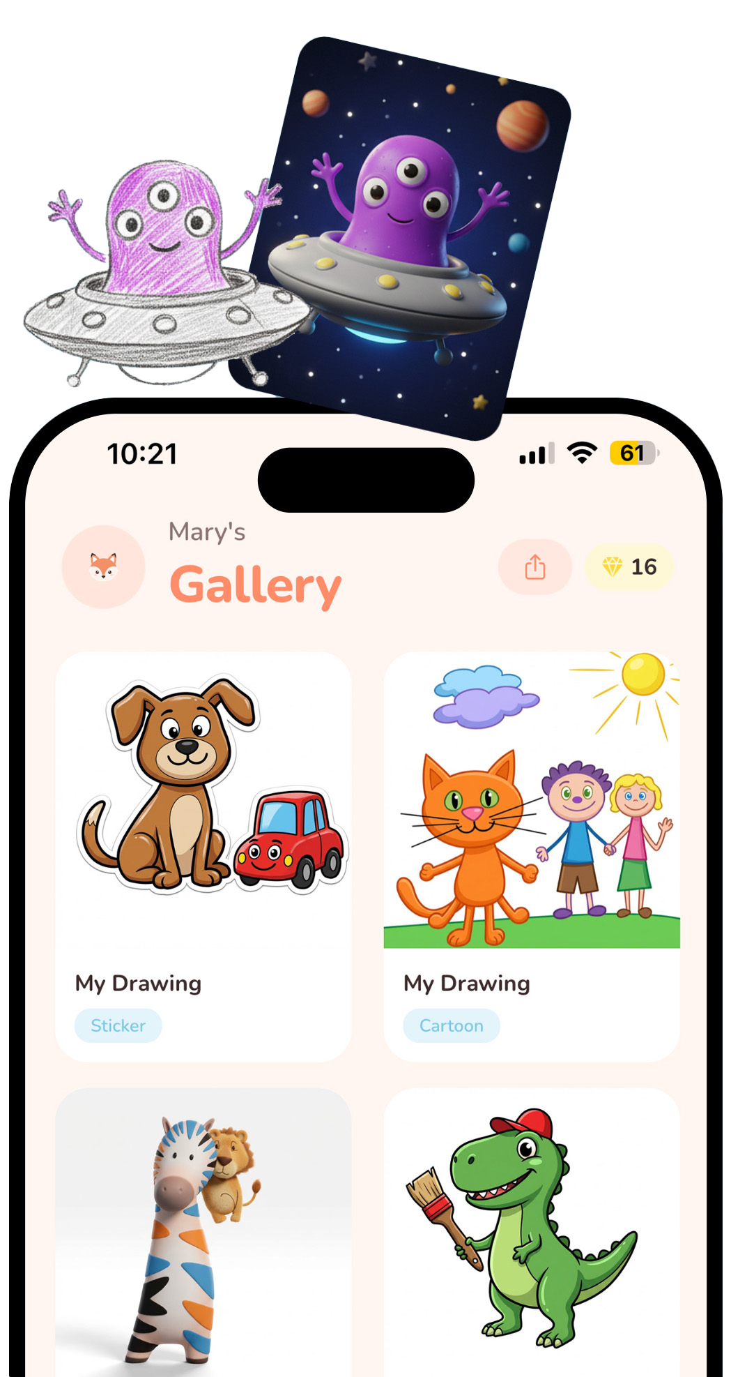 Draw & Animate app showing a gallery of AI-animated drawings