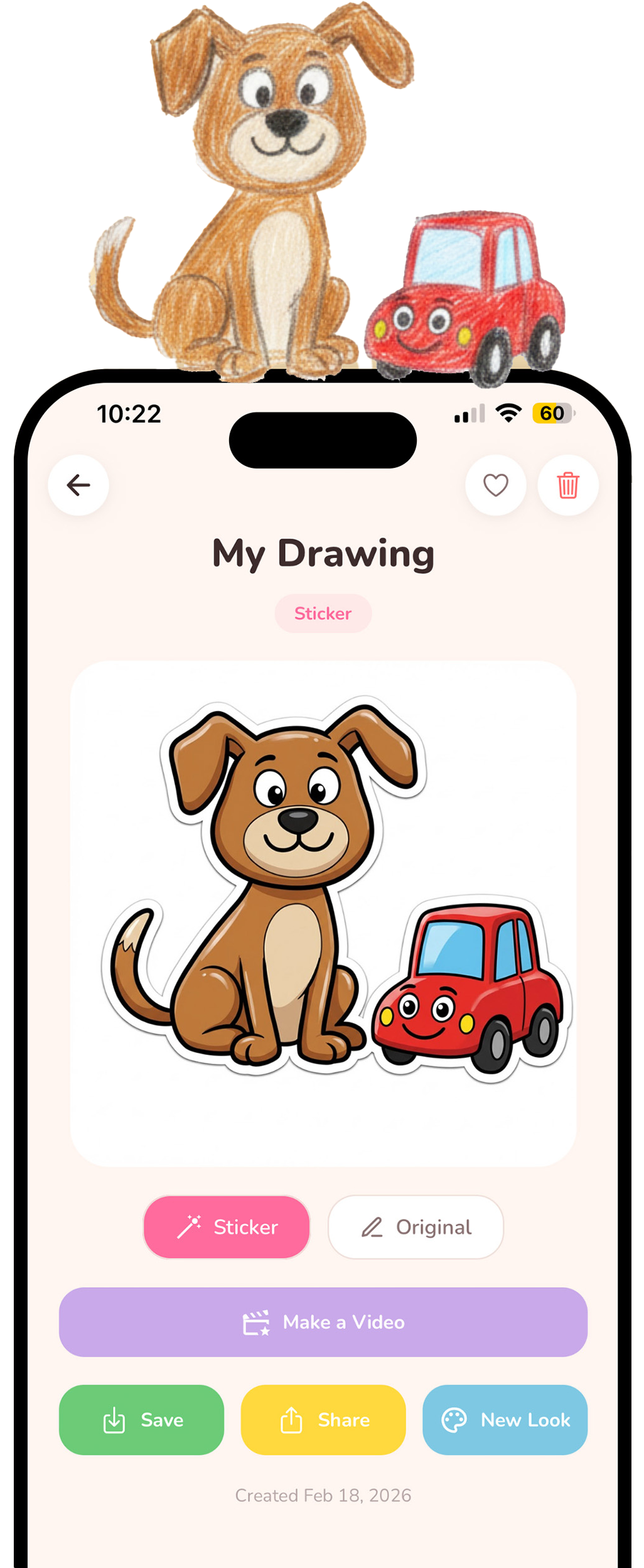 App showing a drawing detail screen with sticker style artwork