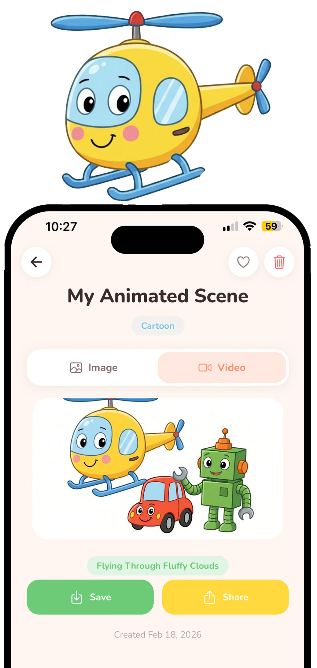 App showing an animated scene with cartoon helicopter