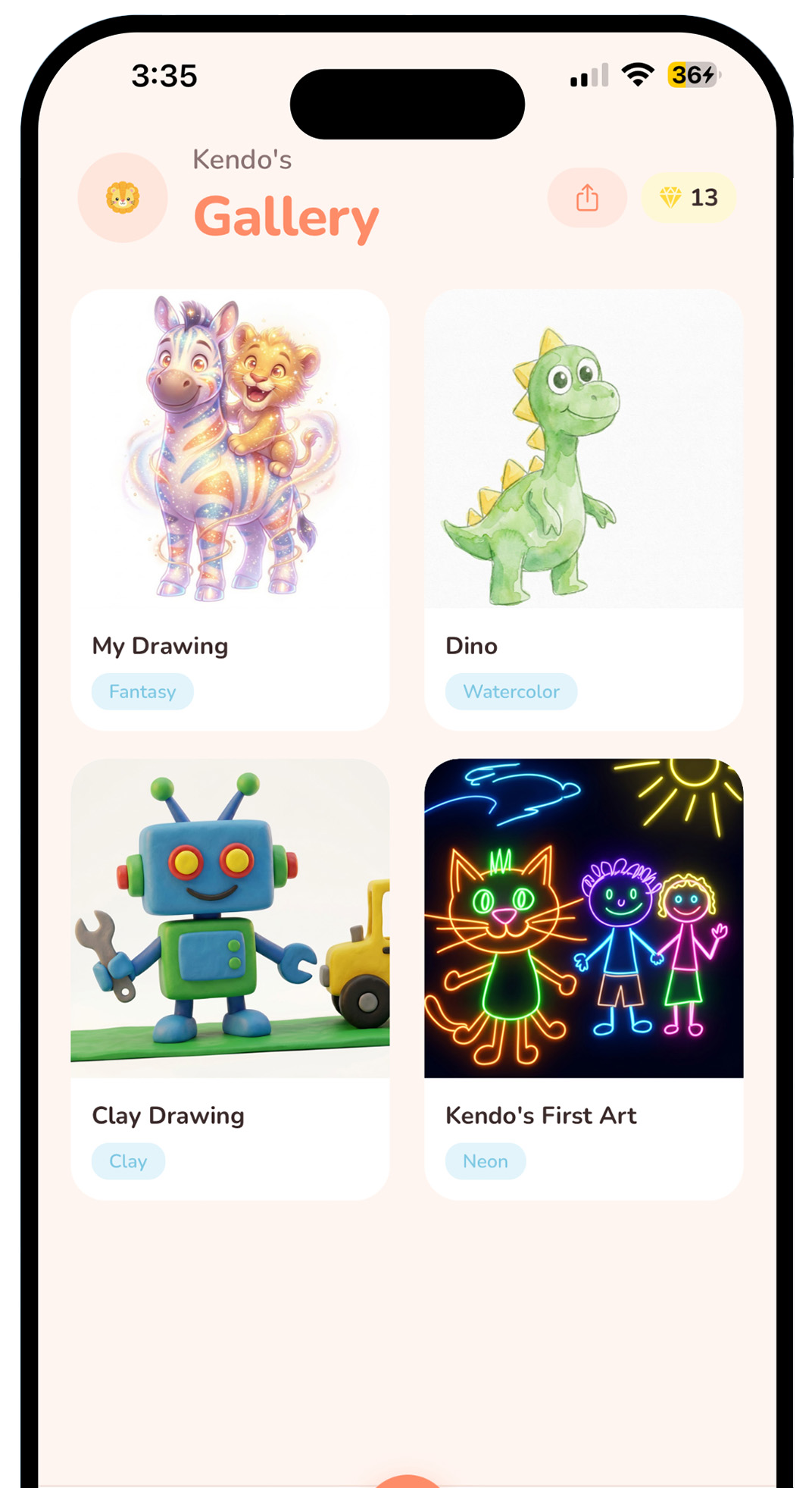 App gallery showing drawings in fantasy, watercolor, clay, and neon styles